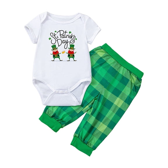 MEZZALL Kids St. Patrick's Day Girls Outfit Green Plaid O-Neck Short Sleeve Romper And Long Pants Toddler Cute Holiday Party Wear Birthday Children Fashion Clothes Sets