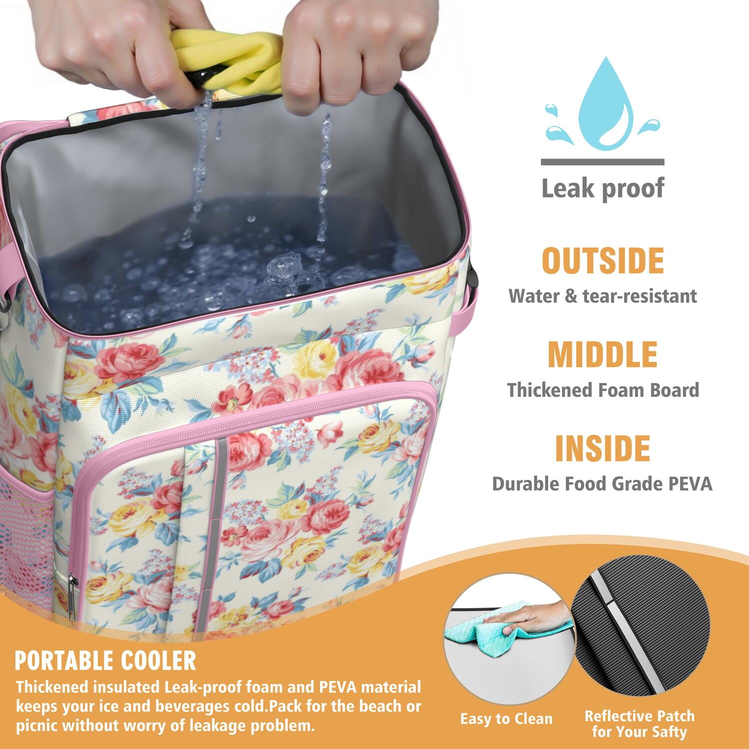 Travel Cooler Bag - Pioneer Flower Floral Print Pattern Camping Beer Cooler Backpack with Bottle Opener- Waterproof Insulated Picnic Backpacks - Cooler Bag for Beach