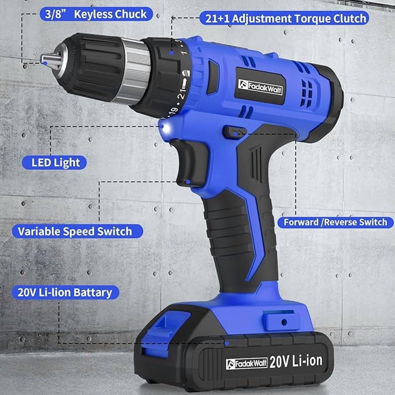 20V Cordless Drill Set with Battery & Charger, 30N.m Torque, 21+1 Settings, 3/8" Keyless Chuck, LED Light, Electric Drill Kit for Home DIY (Blue)