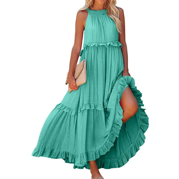 Maxi Dresses for Women 2025 Summer Built in Bra Sleeveless Halter Long Dress Loose Tiered Flowy Swing Smocked Ruffle Beach Dress Turquoise XL