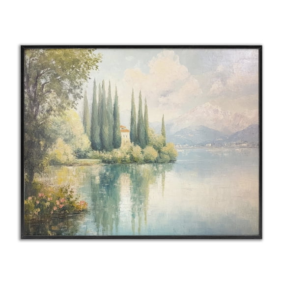 Stupell Industries Lakeside Mansion View Landscape & Nature Painting Black Framed Art Print Wall Art, 14 x 11