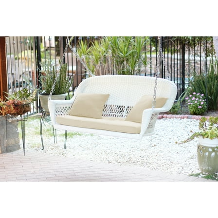 Jeco White Resin Wicker Porch Swing with Ivory Cushion