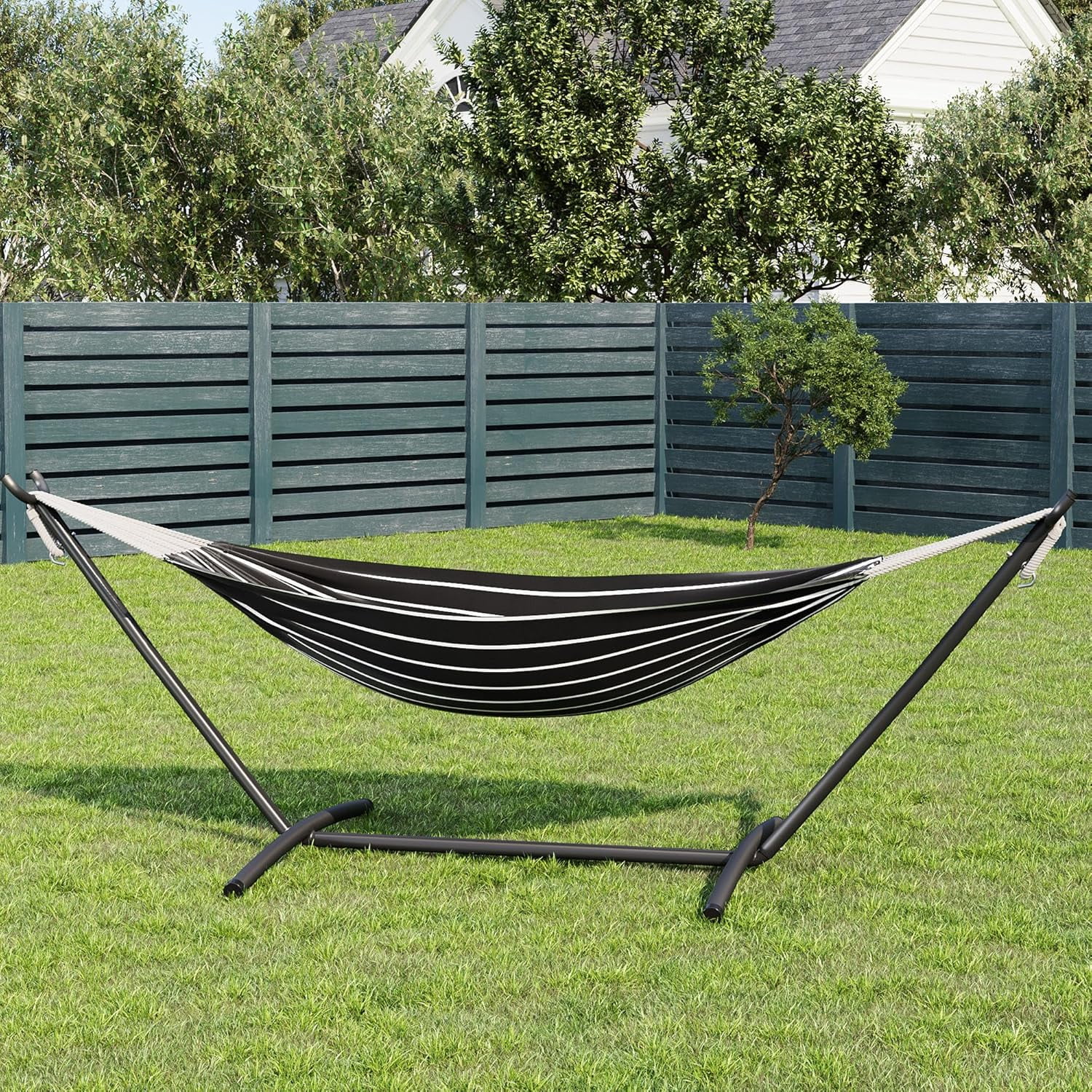 Double Hammock with Foldable Steel Stand and Carrying Bag, Portable Freestanding Hammock for Indoor & Outdoor Use, 450 lbs Capacity, Ideal for Garden, Patio, Camping, Beach, Onyx