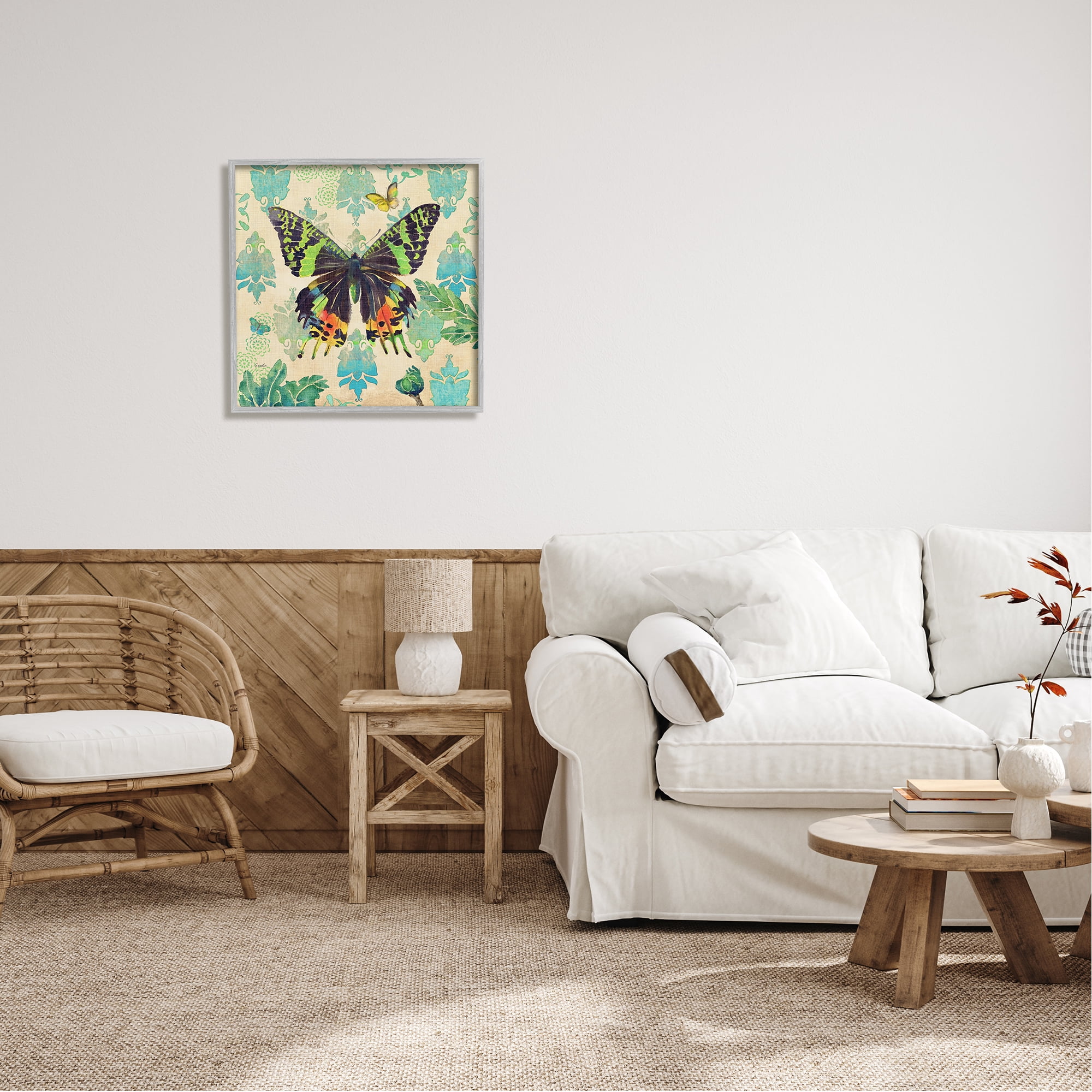 Stupell Turquoise Butterfly Damask Pattern Animals & Insects Painting Gray Framed Art Print Wall Art