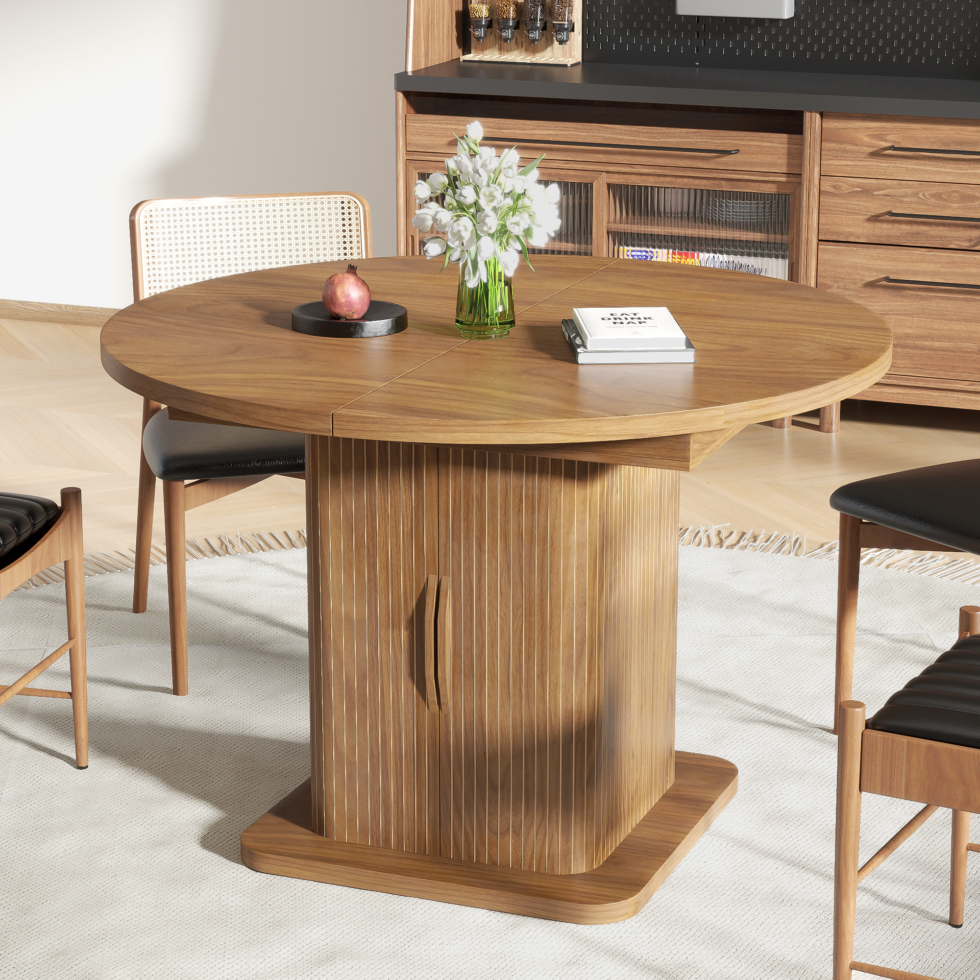 Round Dining Table for 4-8, 43.3''-59'' Extendable Kitchen Table Dinner Table with 2-Layer Storage Shelf and Wood Slide Door for Home Living Room, Walnut