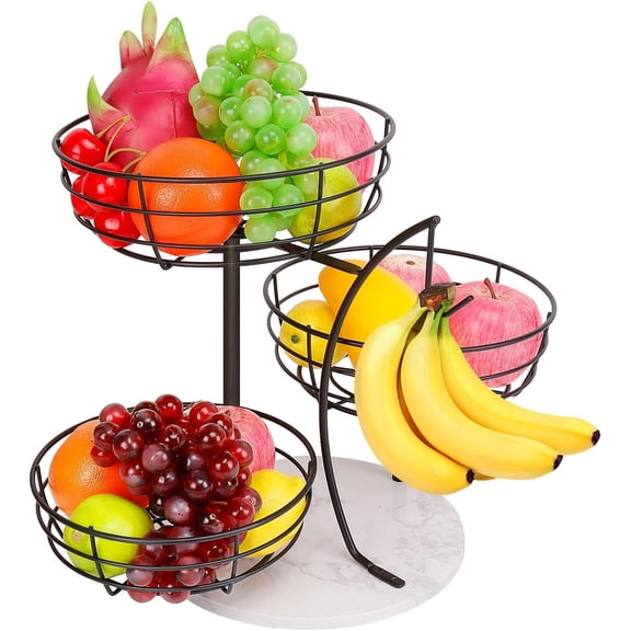 Xrg Fruit Basket Bowl with Banana Hanger, Fruit Vegetable Storage Basket with Banana Tree Holder for Kitchen Counter, Detachable Organizer for Bread Snack Produce (Black, 3-Tier Metal Base)