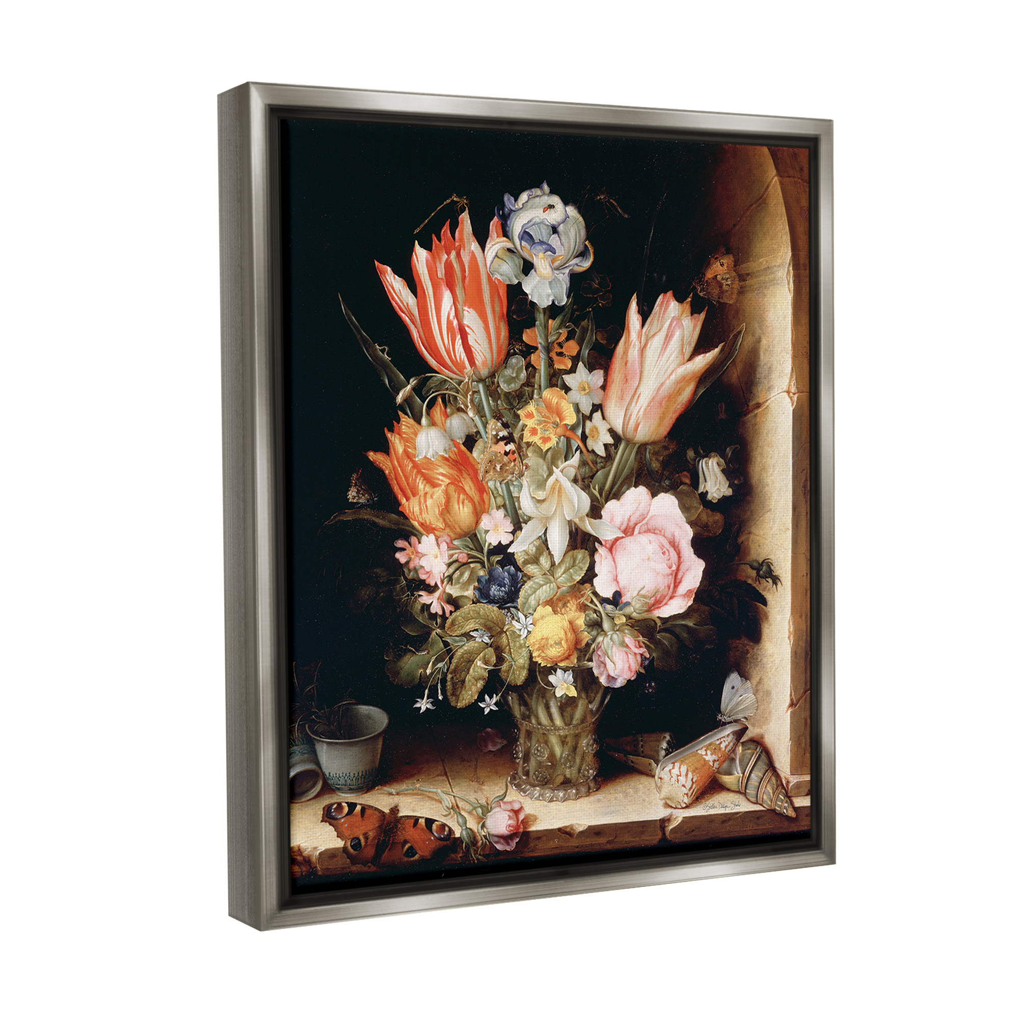 Stupell Industries Classic Bouquet Still Life Botanical & Floral Painting Gray Floater Framed Canvas Art Print Wall Art, 25 x 31