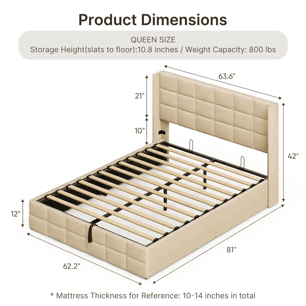 Queen Lift Up Storage Bed w/ Hydraulic, Upholstered Wingback Headboard Bed Frame, Wood Slats, Steel Frame, No Box Spring, Underbed Storage, Anti-Slip, Noise-Free, Sturdy & Space-Saving, Beige