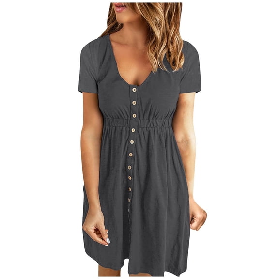 Admvng Dresses for Women Button Front V-Neck Short Sleeve Casual Dress