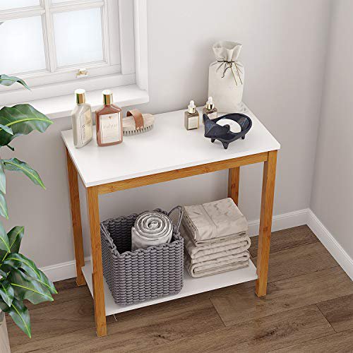 Bameos Bamboo Side Table Console Side Table 2 Tier End Accent Table With Storage Shelf Modern Furniture For Living Room Bedroom Balcony Family And Office In White Color 23 62 X 11 81 X 23