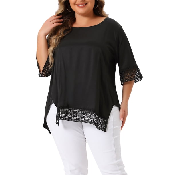 Blusas Casuales de Manga Corta de Encaje de Talla Grande para Mujeres Agnes Orinda, Cuello Redondo, 4X, Negro