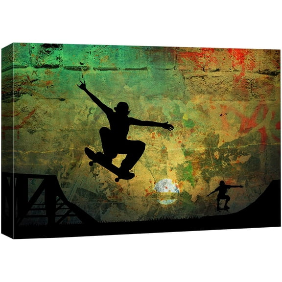 Aaheei Skateboard Canvas Wall Art - Staters Playing on Rustic Grunge Background - Modern Home Art | Ready to Hang