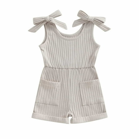 DGMIOCS Soft Ribbed Knit Girls Romper Sleeveless Jumpsuit with Bow Straps for All-Day Comfort Grey 12-18 Months