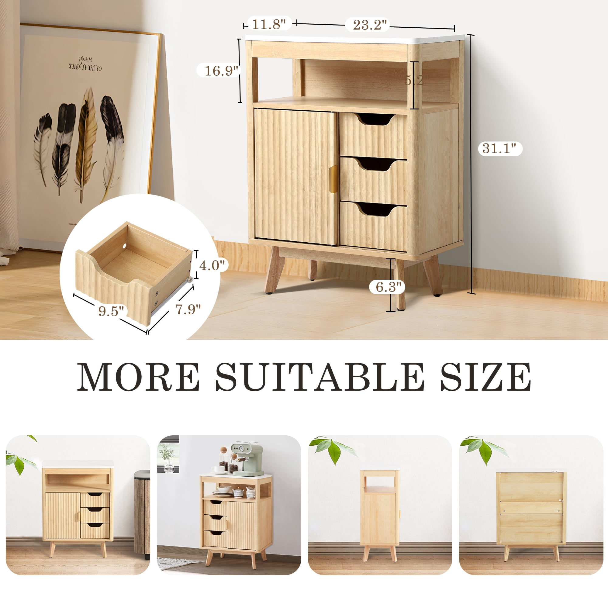 Magic Union Bathroom Storage Cabinet with Fluted Sliding Door, 3 Drawers Bathroom Floor Cabinet, Freestanding Storage Organizer w/Adjustable Shelf, Faux Marble Top, Curved Profile Design Natural Oak