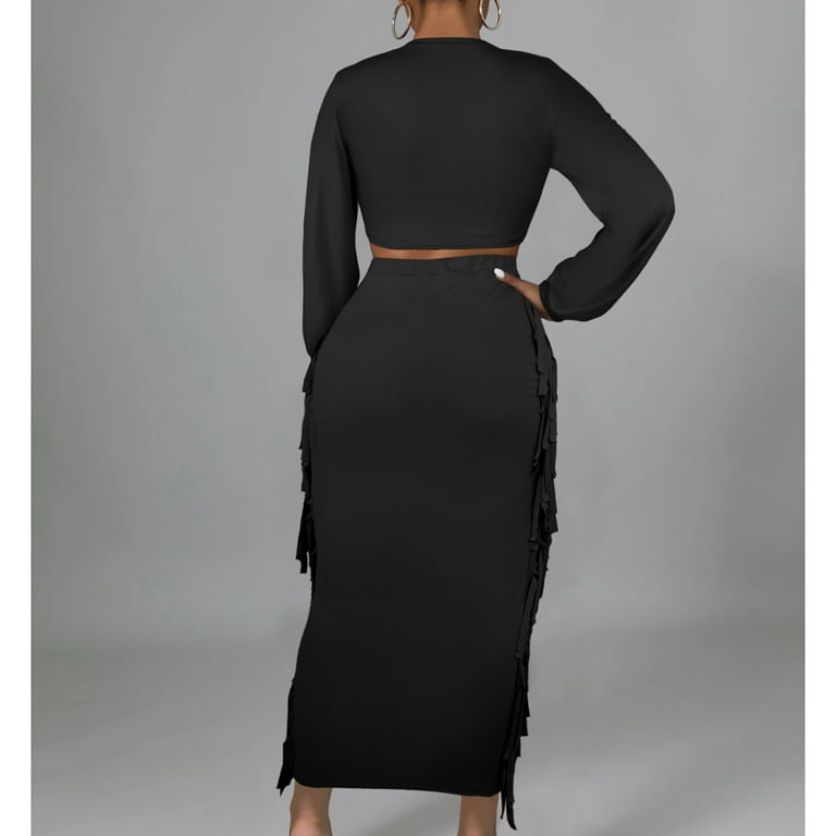 Two Piece Club Outfit for Women Long Sleeve Front Tie Up Crop Top Blouse  Fringe Slim Fitted Pencil Skirt Maxi Dress - Walmart.com