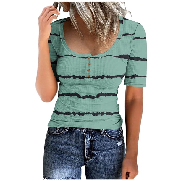 Blusas de Manga Corta para las Mujeres Cuello Redondo Botón Arriba Camiseta Suelta, Top de Algodón de Imitación Casual para Diario