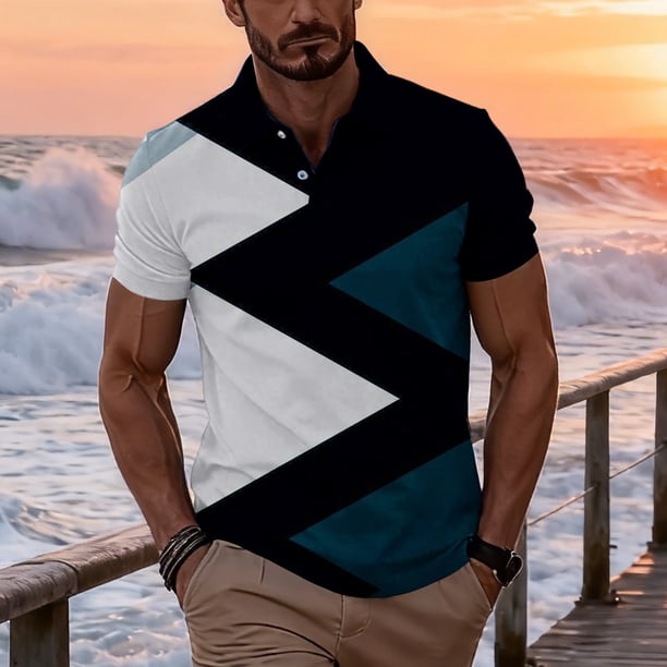 Ceisia Men's Summer Casual Geometric Color Block Mesh Short Sleeve Lapel Shirt Multicolor M Gifts
