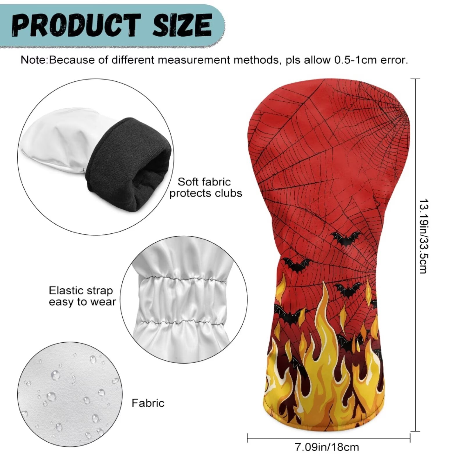 Uorisanigo Golf Club Covers Set for Driver, Fairway Wood and Hybrid Soft PU Leather Fire Red Black Bat Golf Club Head Covers, 3 Pack Set Essential Golfing Accessories, Easy to Use