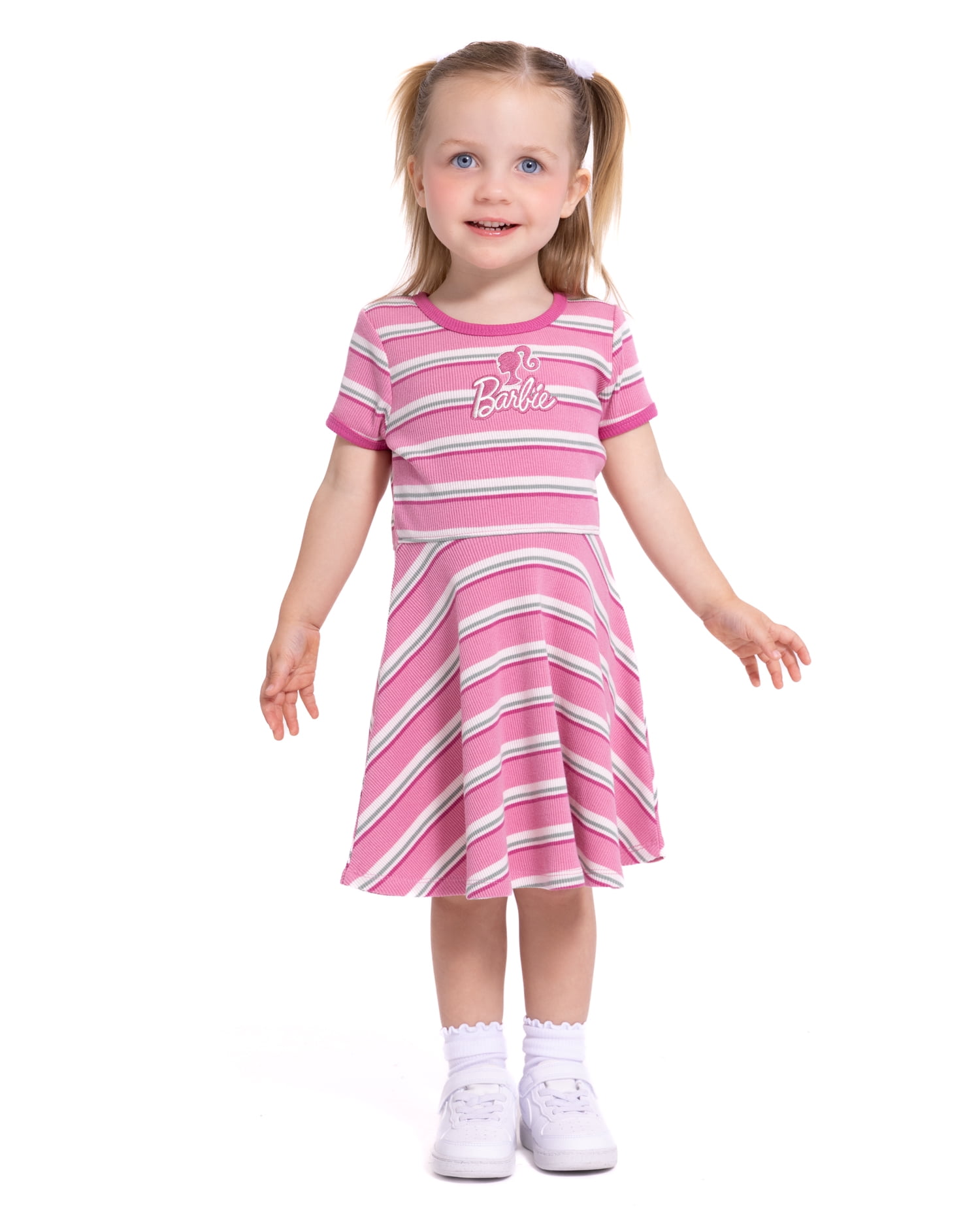 Barbie Toddler Girls Graphic Striped Skater Dress with Short Sleeves, Sizes 12M-5T