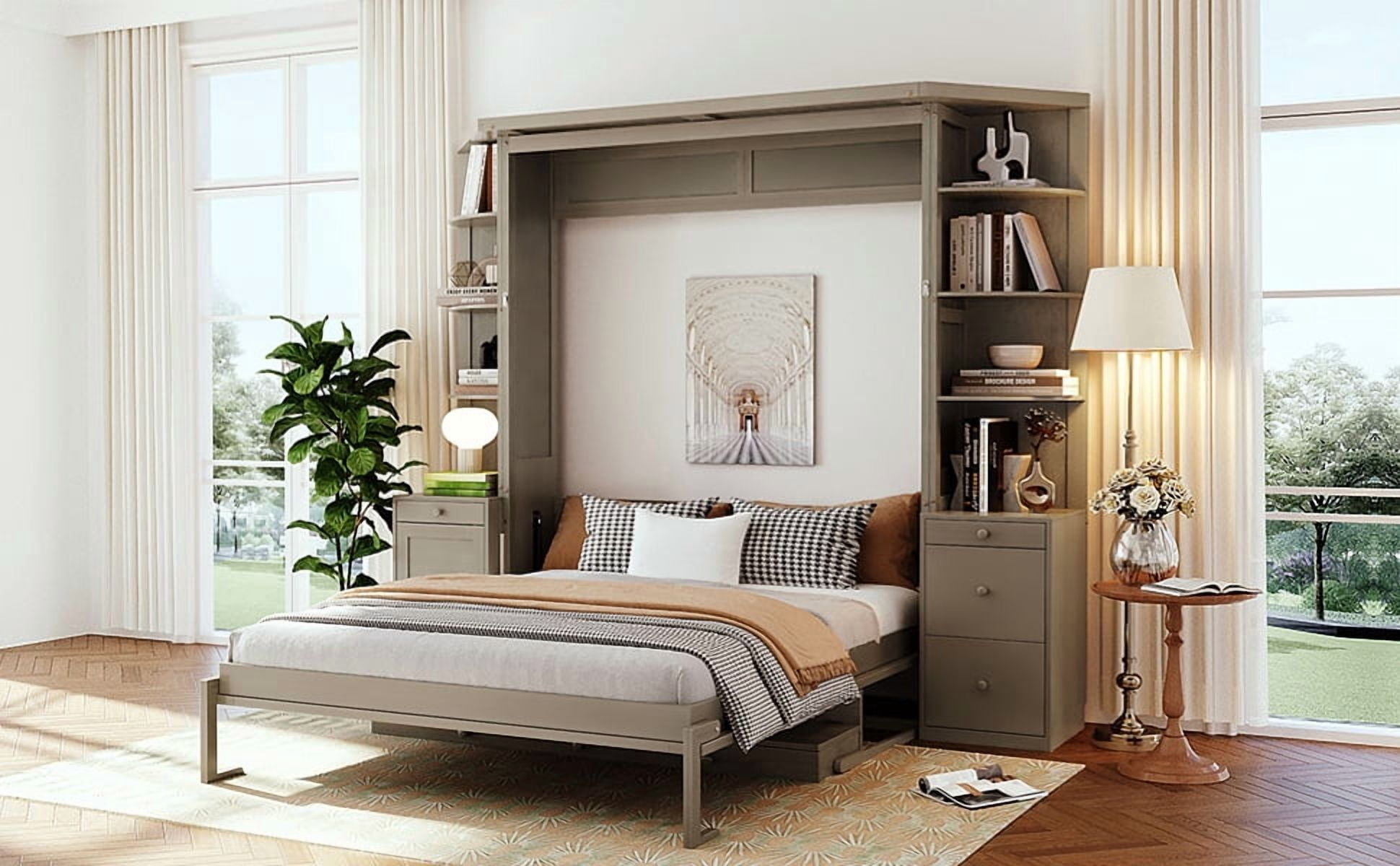 Mintazer Queen Size Murphy Bed with Desk & Side Storage, Modern Folding Cabinet Bed with Workstation & Shelves for Home Office, Gray