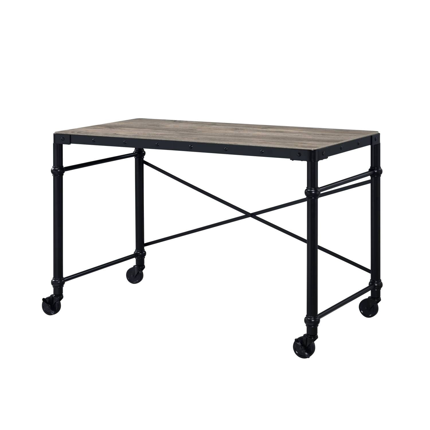 Industrial Writing Desk with Wheels, 47 in Wooden Tabletop, Metal Frame, 70 lb Weight Limit, Mobile Home Office Study Desk