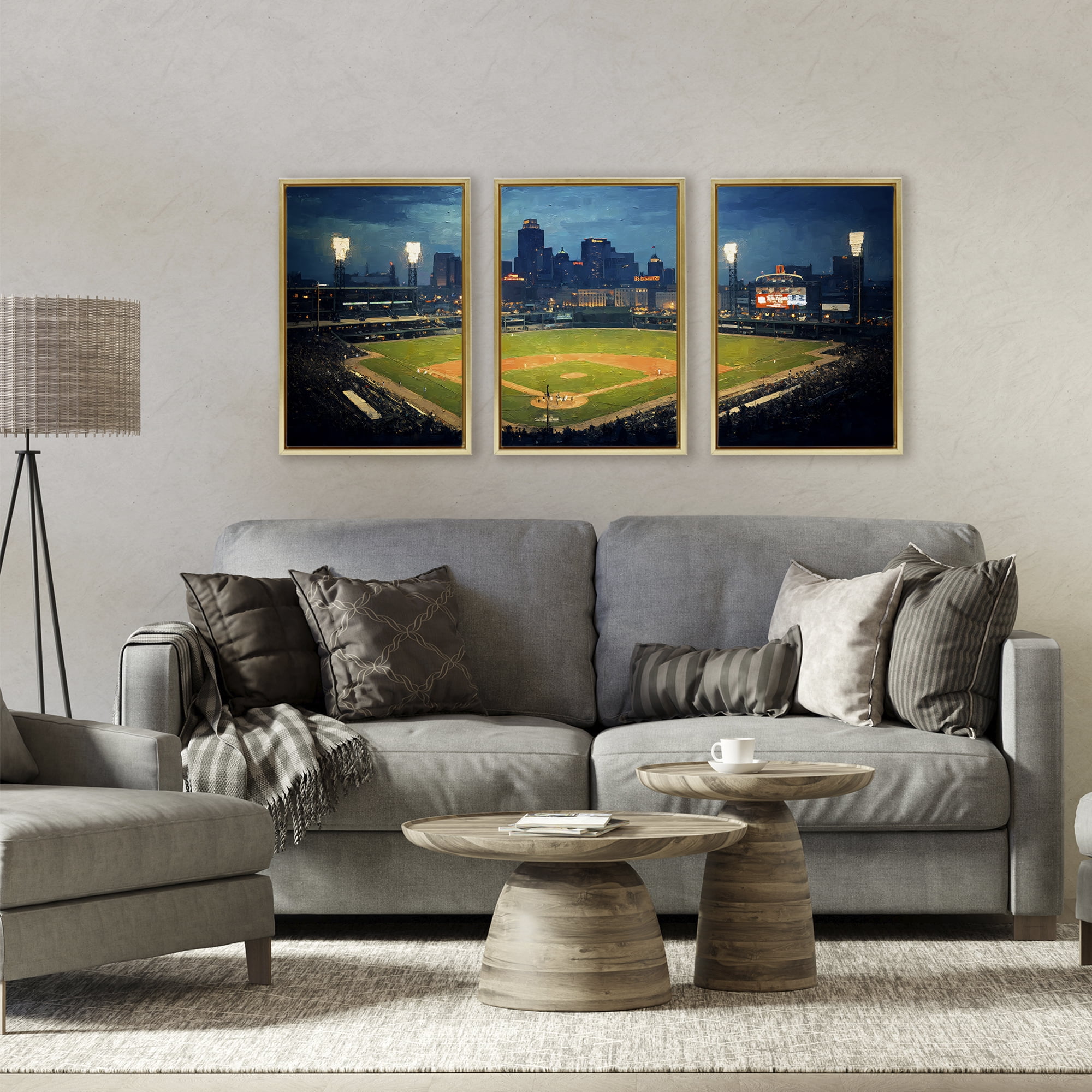 Stupell Industries Baseball Stadium Night View 3 Piece Gold Framed Floater Canvas Set, design by Arlington Prints