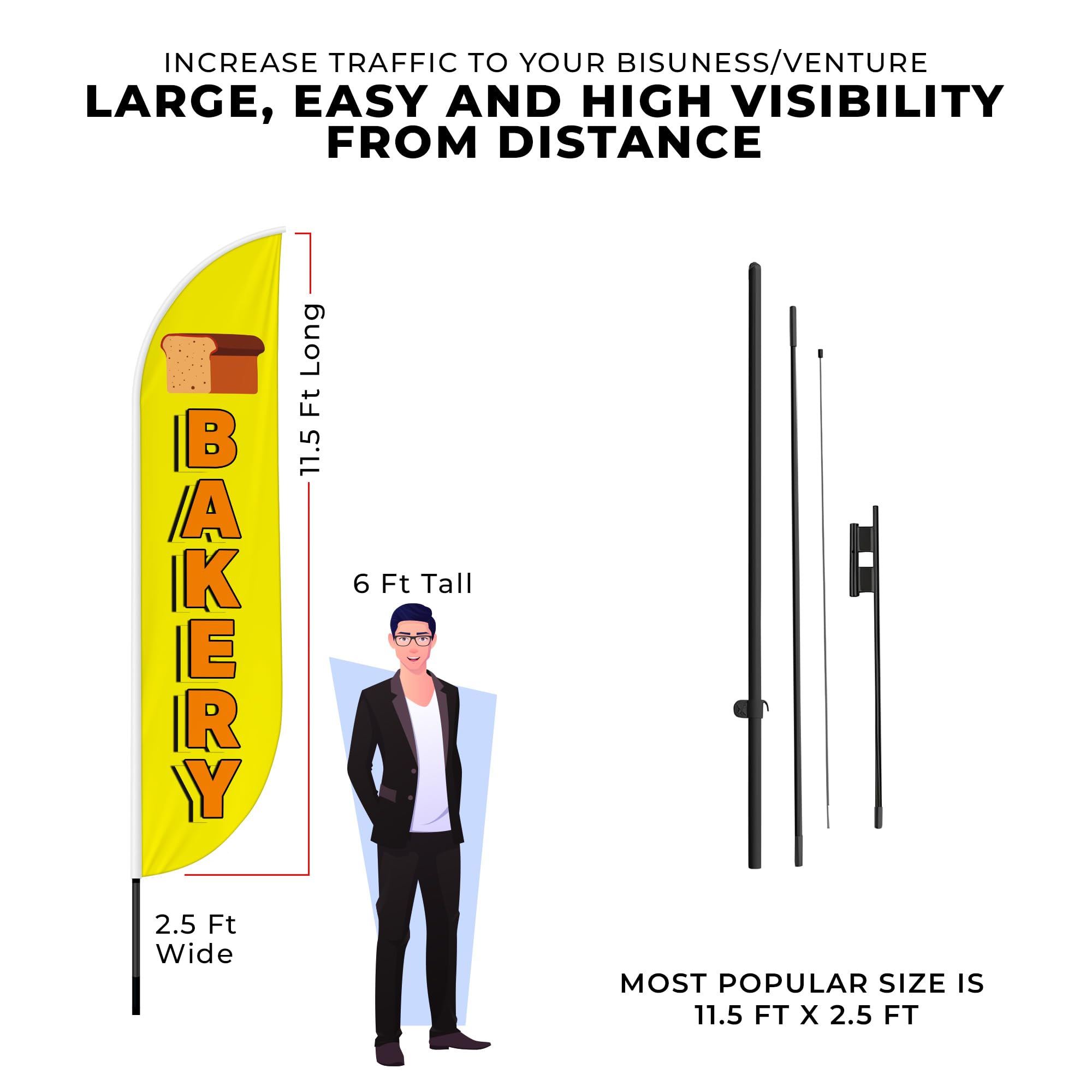 Bakery Feather Flag(11.5feetX2.5feet) by DreamController | Outdoor Business Advertising Tall Flag | Weather-Resistant Knitted Swooper Flag | Made in USA | HD Print (Flag Only)