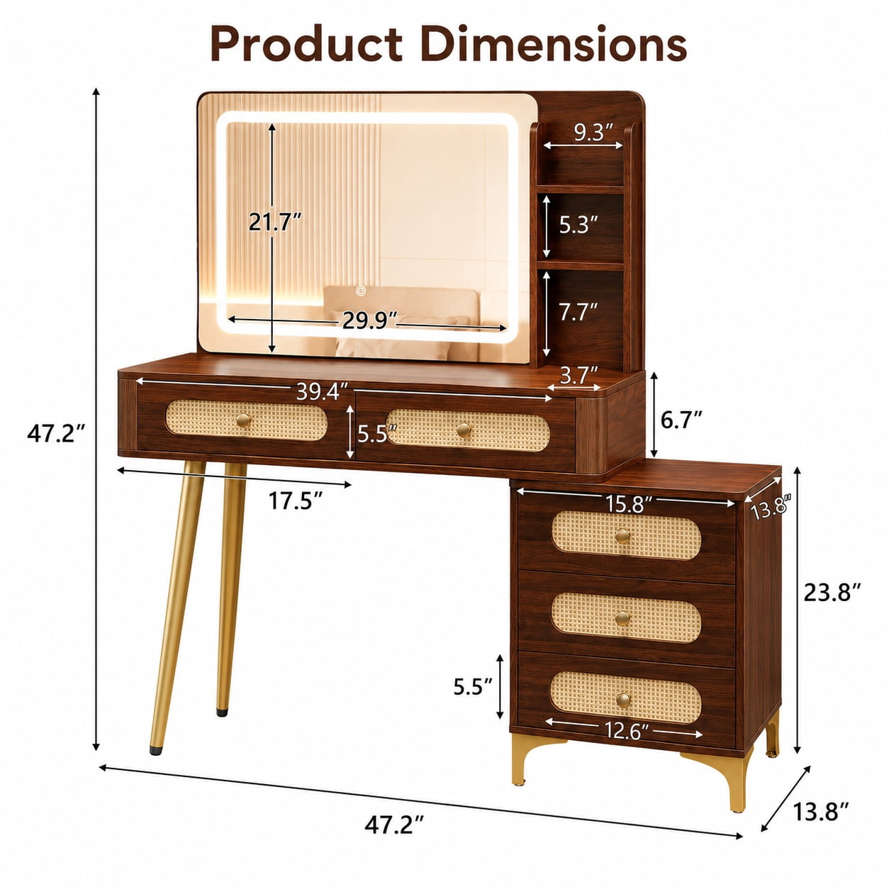 Aukfa 47.2" Rattan Makeup Vanity Desk with Lighted Mirror, Vintage Wood Vanity Table with 5 Drawers & Shelves, Gold Metal Legs, Walnut