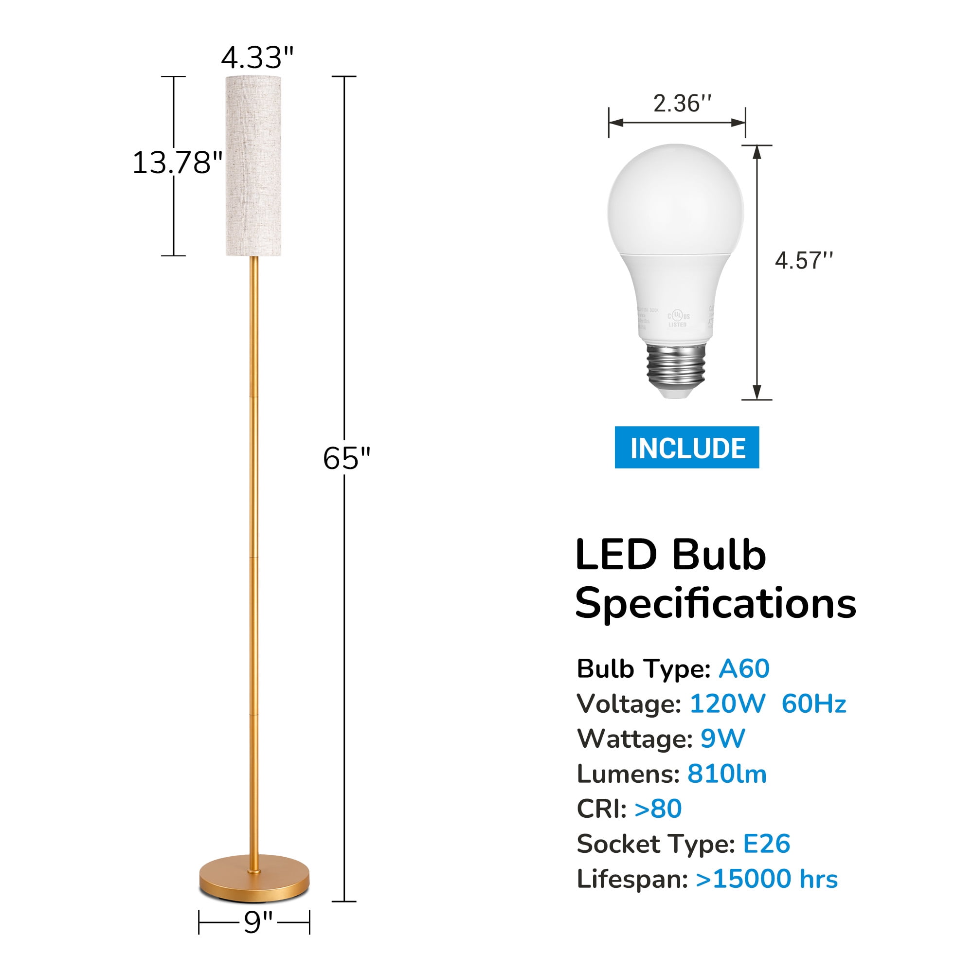 EDISHINE 65in Gold Floor Lamps with Remote for Living Room, 2700K-6000K, Standing Tall Lamp with Night Light Mode and Timer, LED Bulb Included