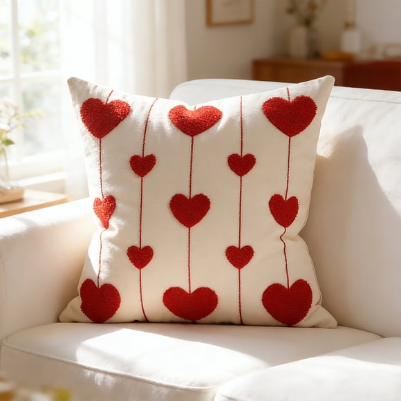 Housse de Coussin Brodée Cœur de la Saint-Valentin / Taie d'Oreiller Décorative pour Canapé et Lit / Housse de Coussin Carrée en Polyester 17,7 x 17,7 Pouces pour Décoration Intérieure et Saison des Fêtes