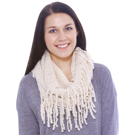 Warm Infinity Scarf in Knit Pattern w/ Tassels Crochet Circle Scarf, Beige - ...