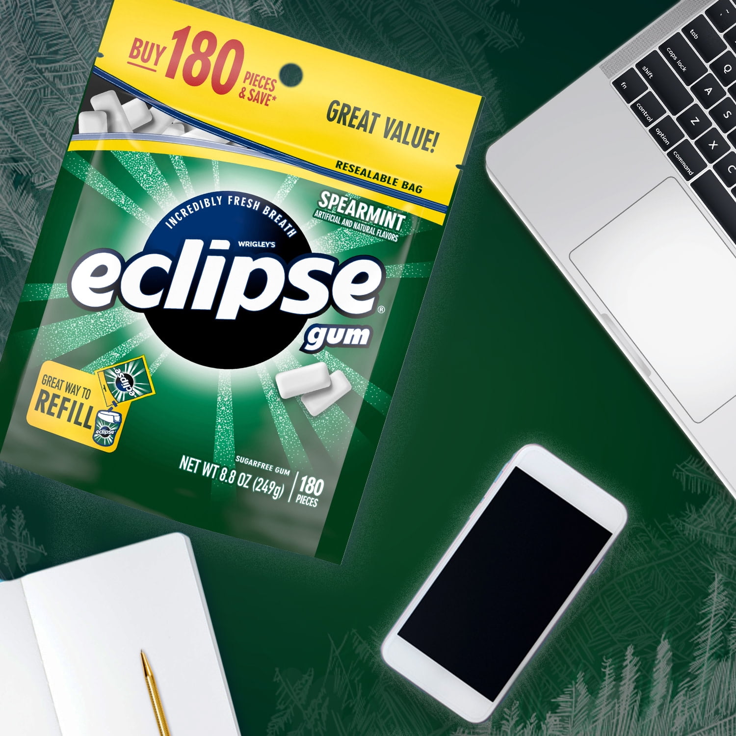 (4 pack) Eclipse Spearmint Sugar Free Chewing Gum, Value Pack - 180 ct Bag