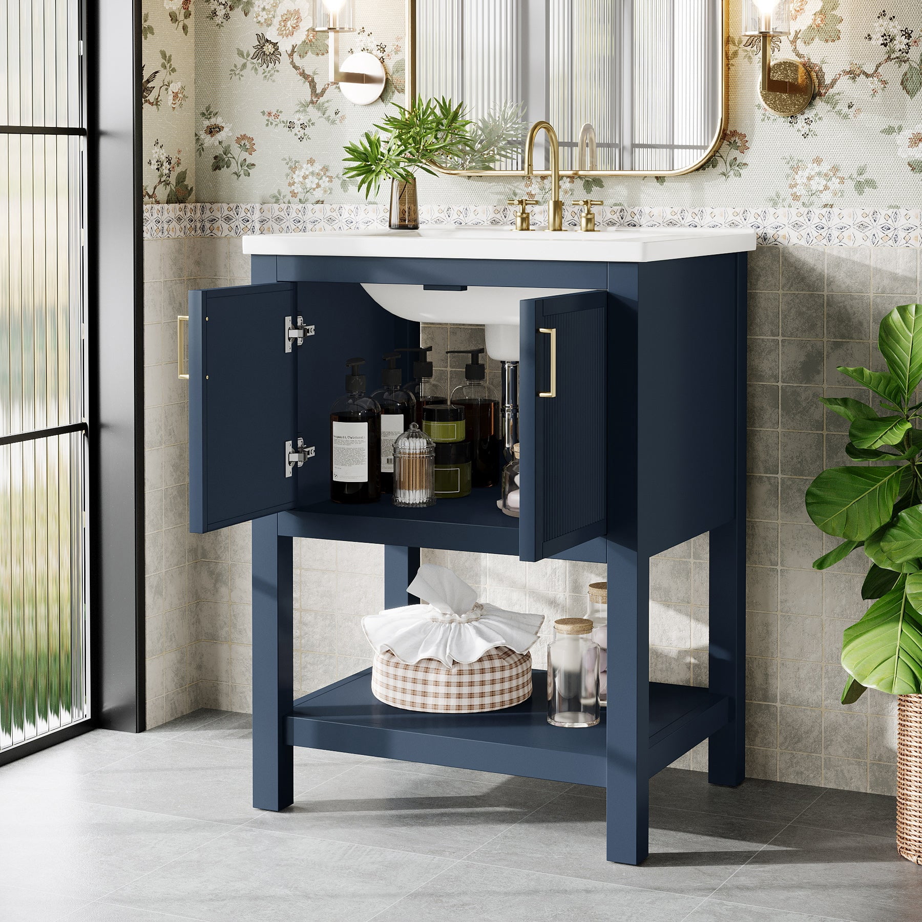 Fnova 24" Bathroom Vanity with Sink, Modern Bathroom Sink Cabinet with Ceramic Basin for Small Space, Freestanding Storage Cabinet with 2 Doors & 1 Open Shelf, Navy Blue