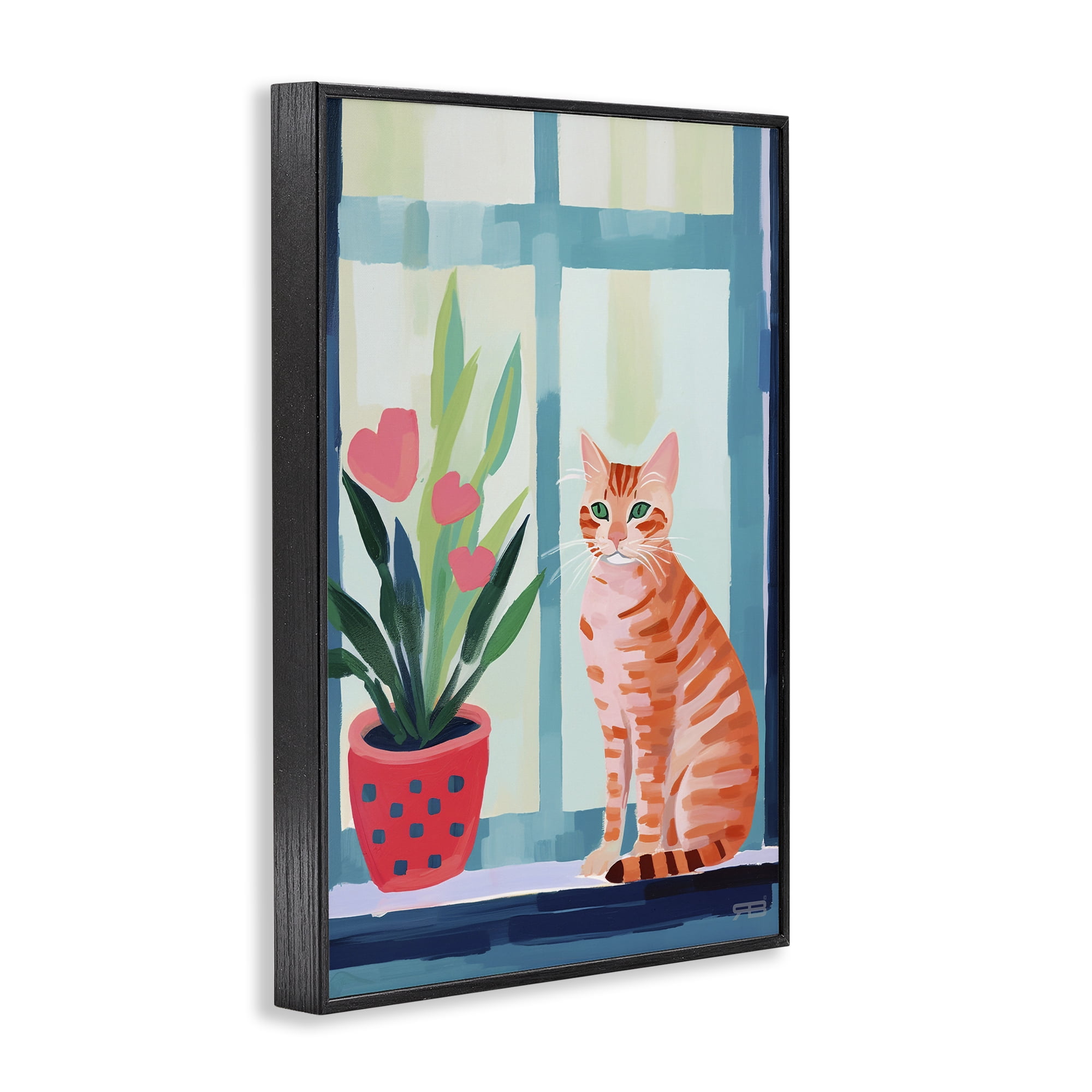 Stupell Industries Cat & Tulips in Windowsill Animals & Insects Painting Black Framed Art Print Wall Art, 12 x 18
