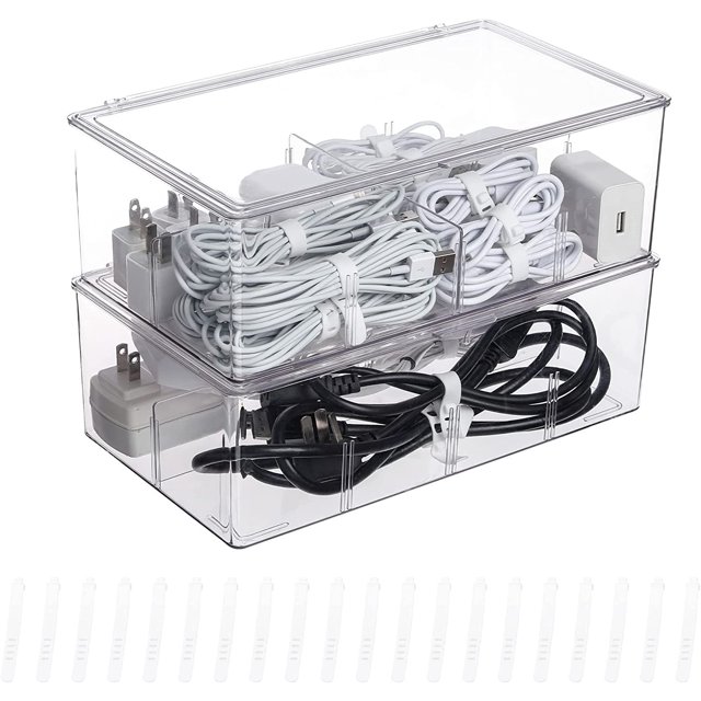 LAICAIW Clear Plastic Storage Bins with Lid, Large Cable Organizer Box with Lid and 20 Wire Ties, Adjustable Electronic Cord Management Case for Desk Drawer, Home Office, Art Crafts Supply (2 Pack)