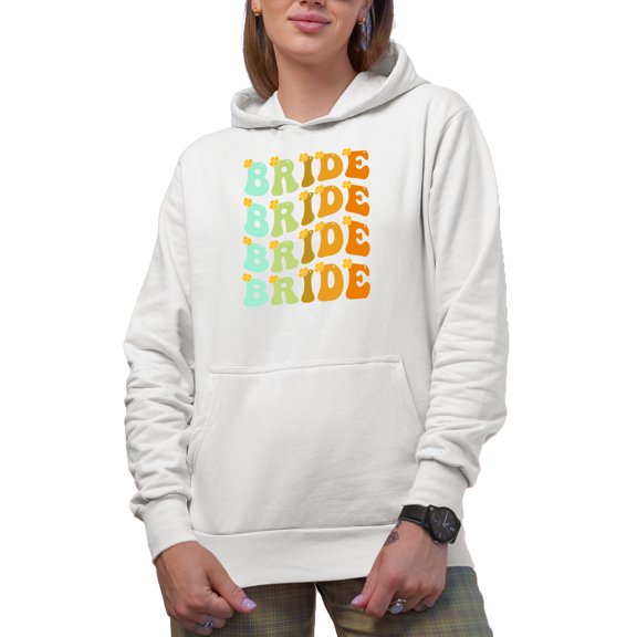 Bride, Bridal Shower, Wedding, Fiancee or Marriage Themed, Groovy Retro Wavy Text Merch Gift, White Hooded Sweatshirt or Hoodie, Small