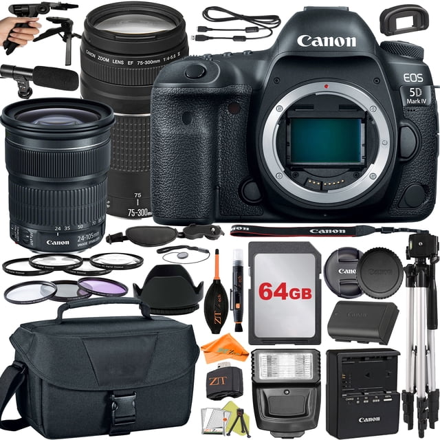 Canon EOS 5D Mark IV DSLR Camera with 24-105mm + 75-300mm Lens + 64GB + Microphone + Flash + ZeeTech Accessory Bundle