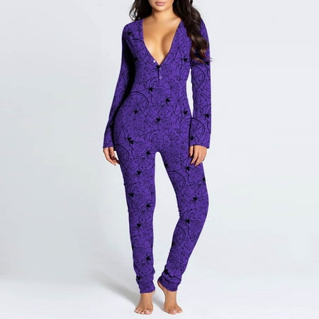 

PEONAVET Onesie Pajamas for Women Sexy V Neck Butt Button Flap Jumpsuit Leopard Printed Jumpsuits Long Sleeve Button Onesies Pajama Club Rompers Sleepwear