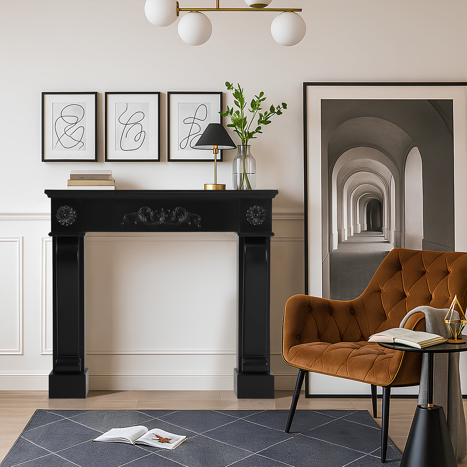 OUINCH 44.5" Fireplace Mantel, Freestanding Fireplace Surround with Leg for Electric Fireplaces, MDF Mantel Surround with Shelf for Living Room with Decorative Pattern, Anti-Tipping & Waterproof