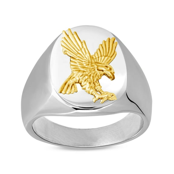 14K Gold Eagle Accent on Stainless Steel Oval Signet Ring Size 13, Men's Ring Jewelry
