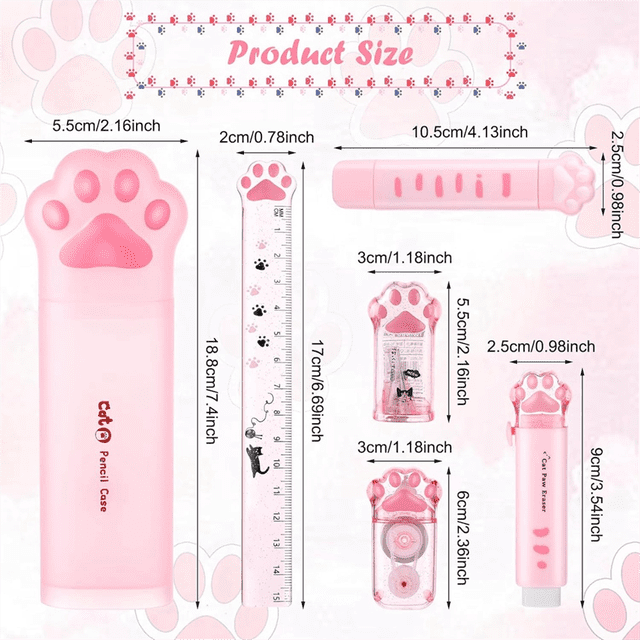 Ensemble de Papeterie Chat Mignon, 6 Pcs Kit de Papeterie Chat Kawaii Taille-Crayon Gomme Rétractable Ruban de Correction Règle