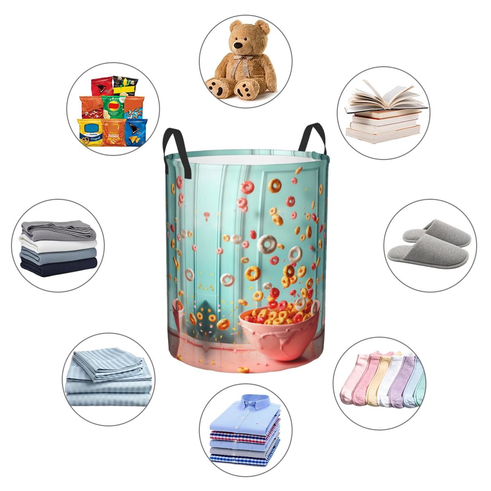 Large Laundry Basket with Handles - Floating Colorful Cereal Kids Baby Dirty Clothes Laundry Hamper for Bedroom Aesthetic