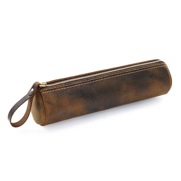 Estuche de cuero FloreceBien, estuche de cuero hecho a mano con cremallera, estuche de almacenamiento de papelería de gran capacidad, marrón