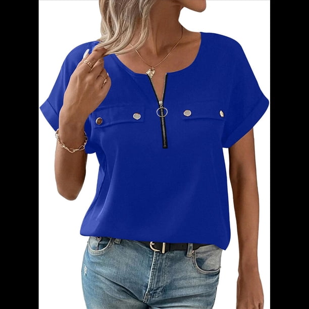 Blusa con Cremallera para Mujer, de Poliéster, con Botones y Corta, Ideal para el Tiempo Libre, Color Azul, Talla M