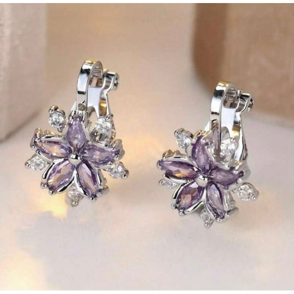 Clip on 1/2" small silver purple and clear stone flower earrings