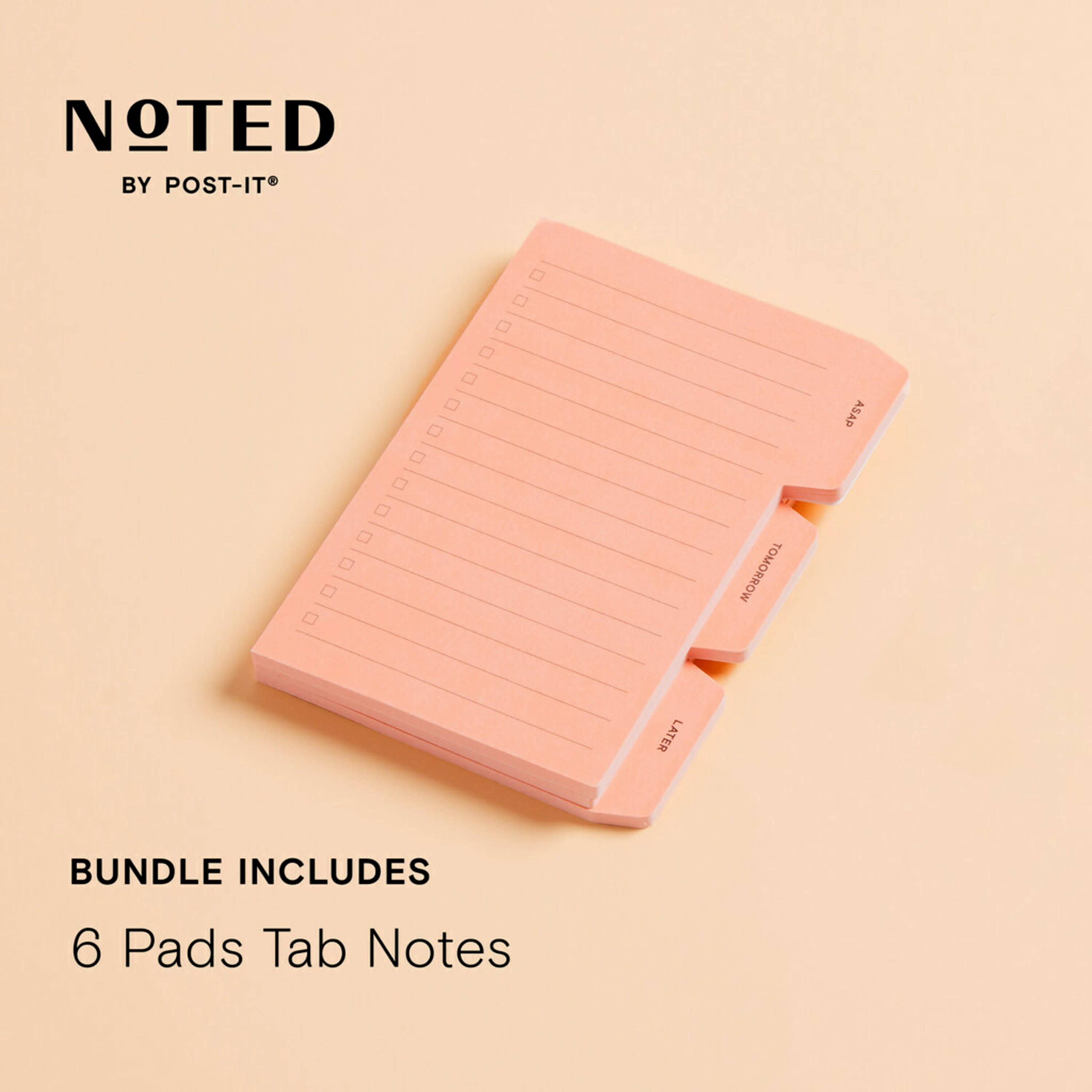 Noted by Post-it®, Peach Tab Notes, 3 in. x 4 in., 3 Pads/Pack, 30 Sheets/Pad, 90 sheets total