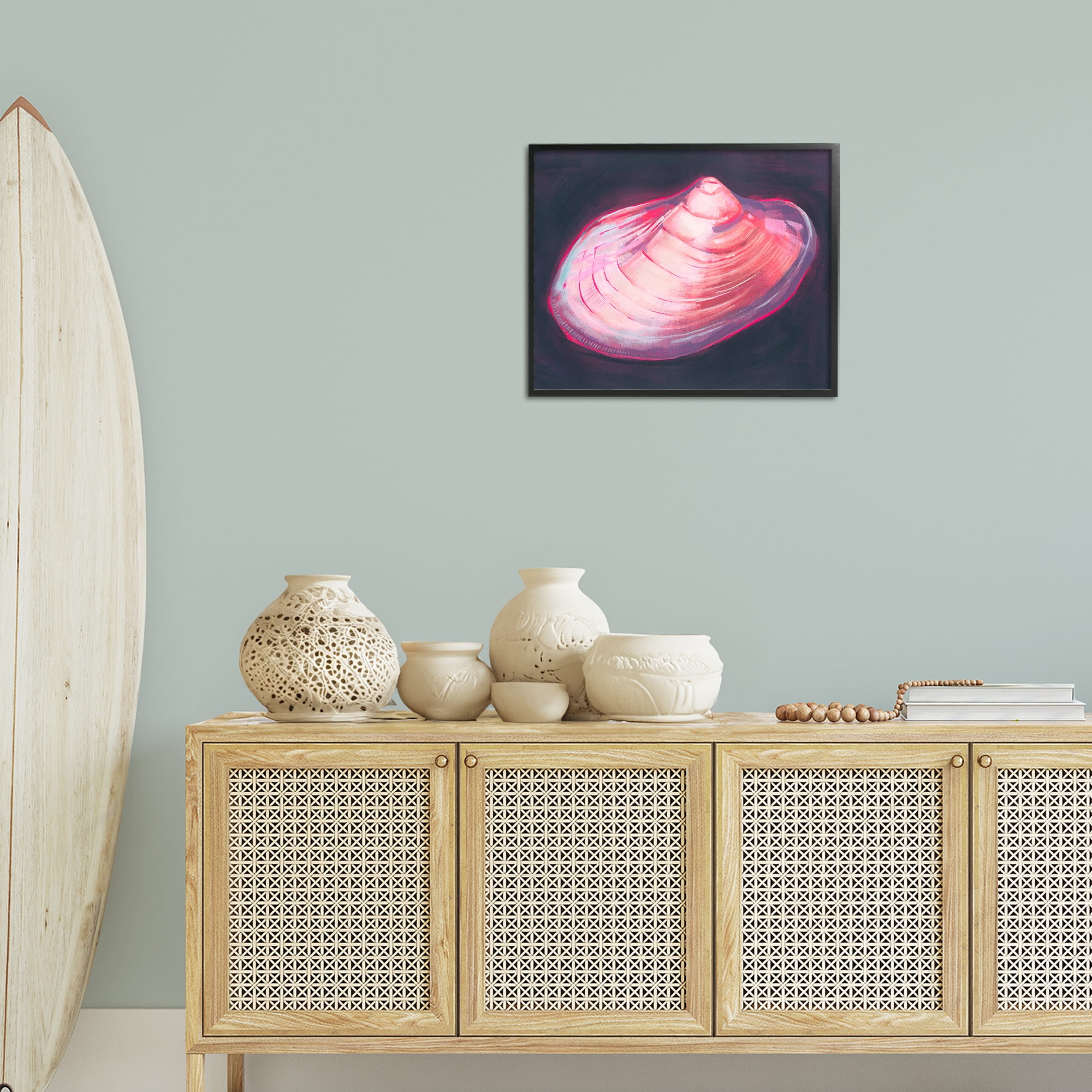 Stupell Industries Pink Seashell on Black Animals & Insects Painting Black Framed Art Print Wall Art, 20 x 16
