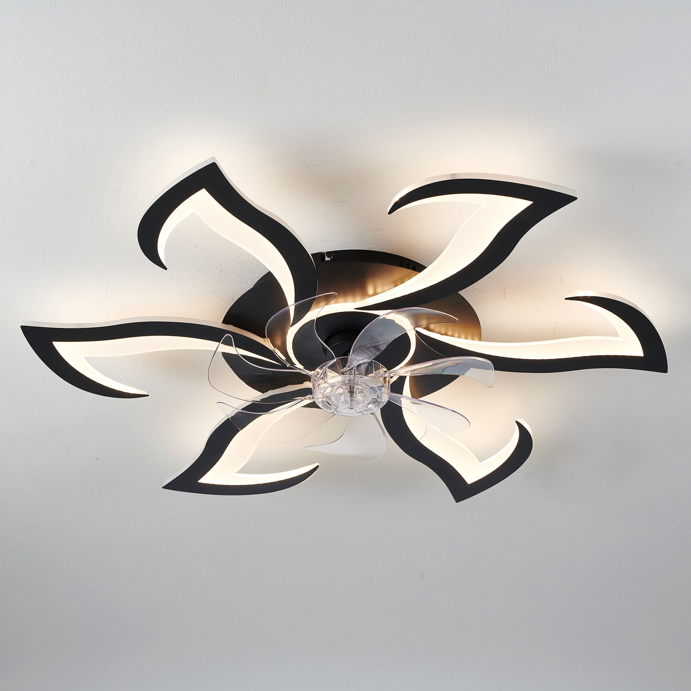 GDF Studio 6-Head Flower Modern Ceiling Fan with LED Lights & Remote Control, Low Profile Flush Mount Fandelier, Black