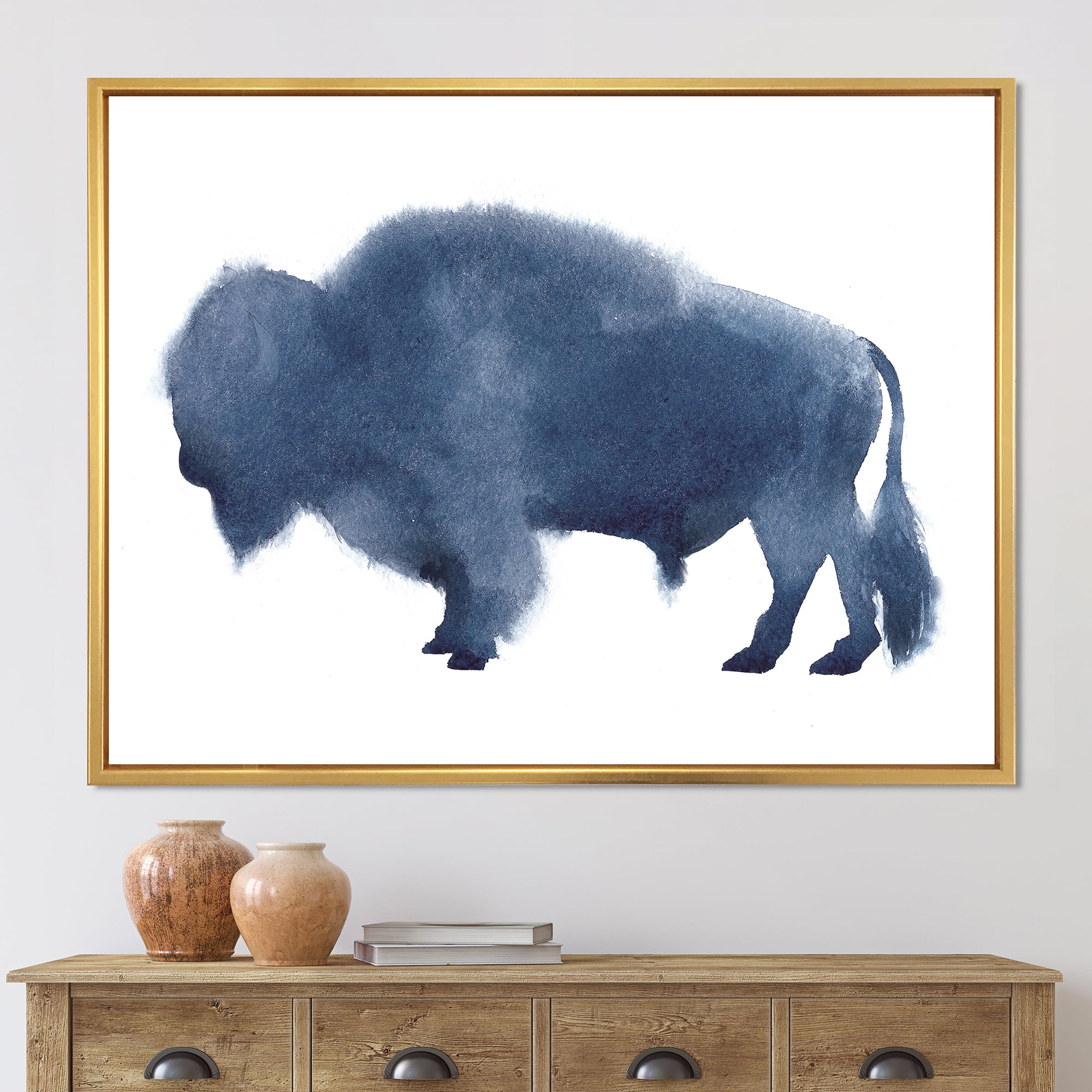 Designart 'Navy Blue Bison Silhouette On White' Farmhouse Framed Canvas Wall Art Print