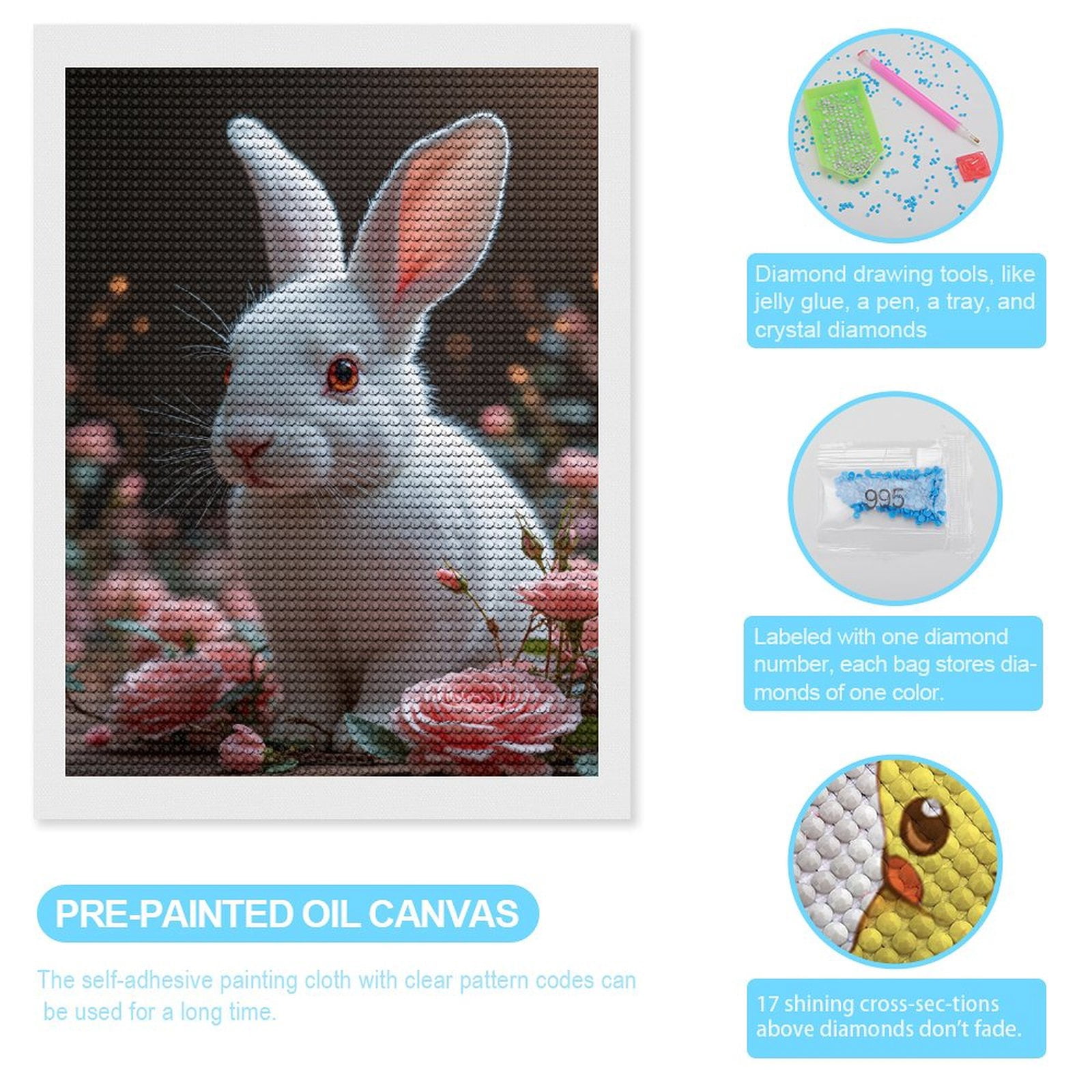 Diamond Art Kits for Adults, White Bunny Among Pink Roses 5D Diamond Painting Kits for Adults Beginners, DIY Full Drill Diamond Painting, Gem Art and Crafts 12x16